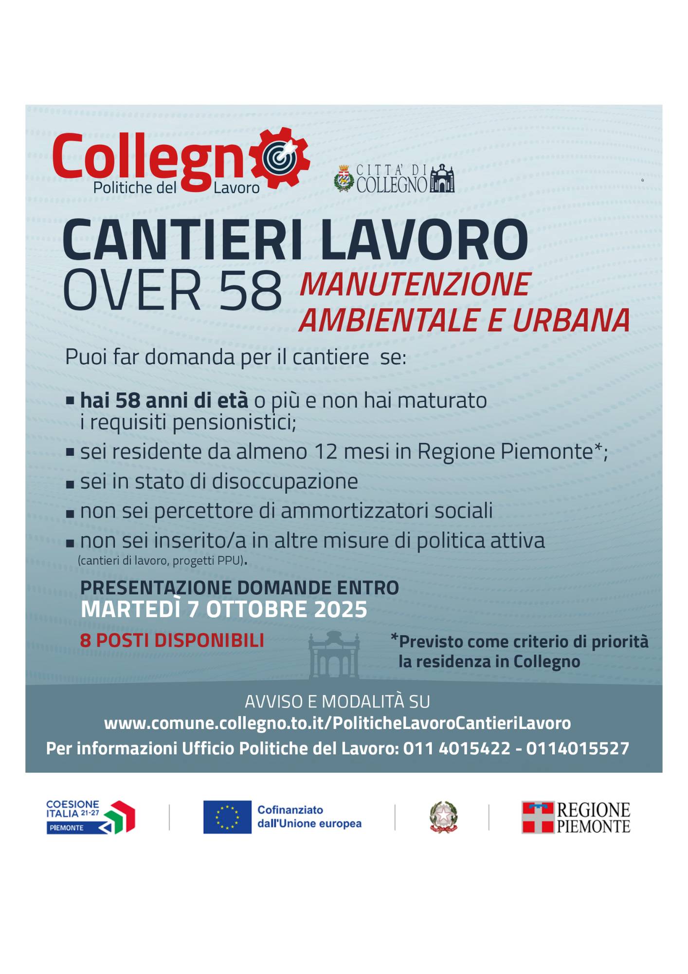 Collegno al via il Cantiere di lavoro per persone disoccupate over 58