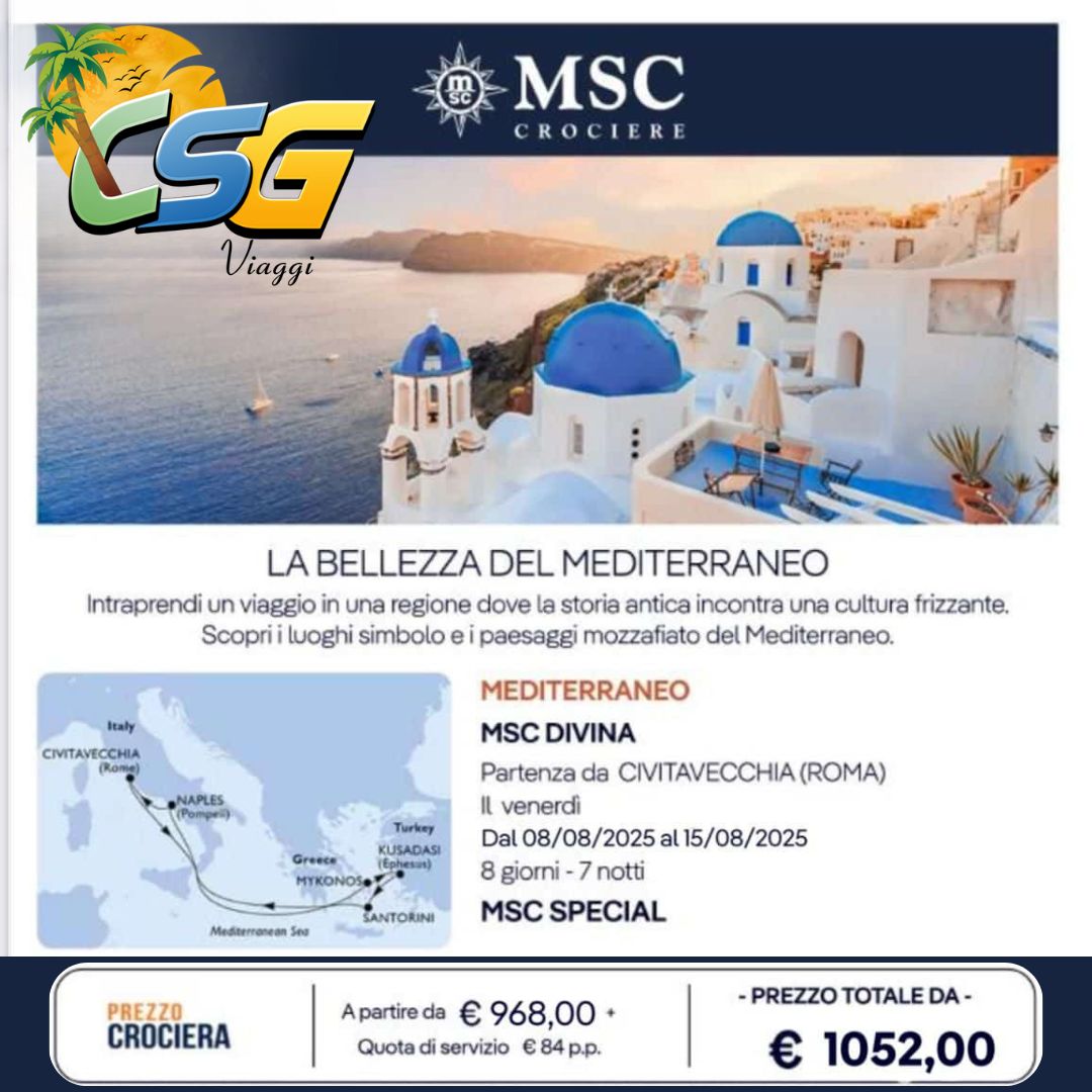 Crociera nel Mediterraneo con MSC Divina: 8 Giorni tra Grecia, Turchia e Italia da 1052€!